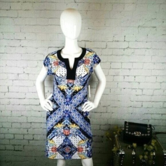 Laundry By Shelly Segal Boho Split Neck Shift Mini  Dress Blue Size Small - Picture 1 of 5